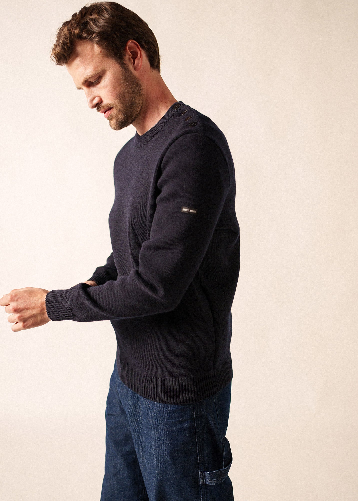 Black Wool Fisherman Sweater with Button Shoulder | Loose Fit