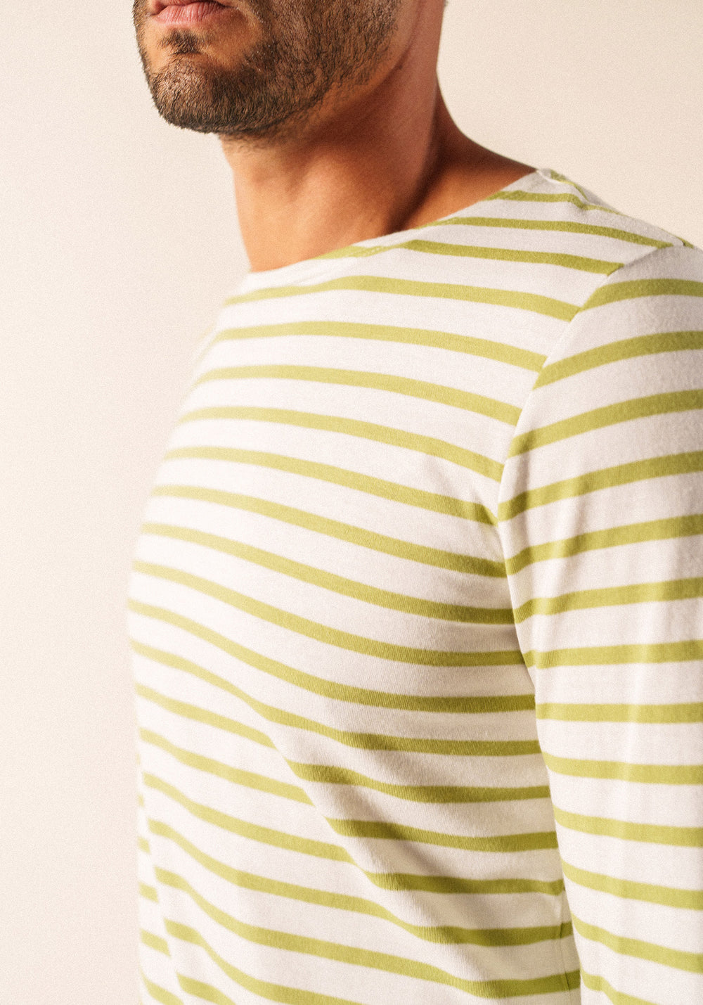 Minquiers Modern Breton Shirt (WHITE / SAGE OLIVE)