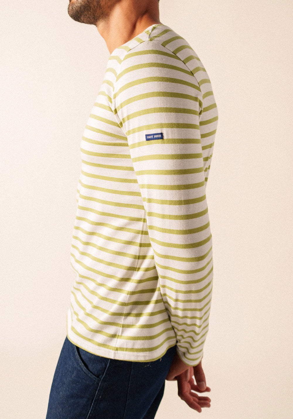 Minquiers Modern Breton Shirt (WHITE / SAGE OLIVE)