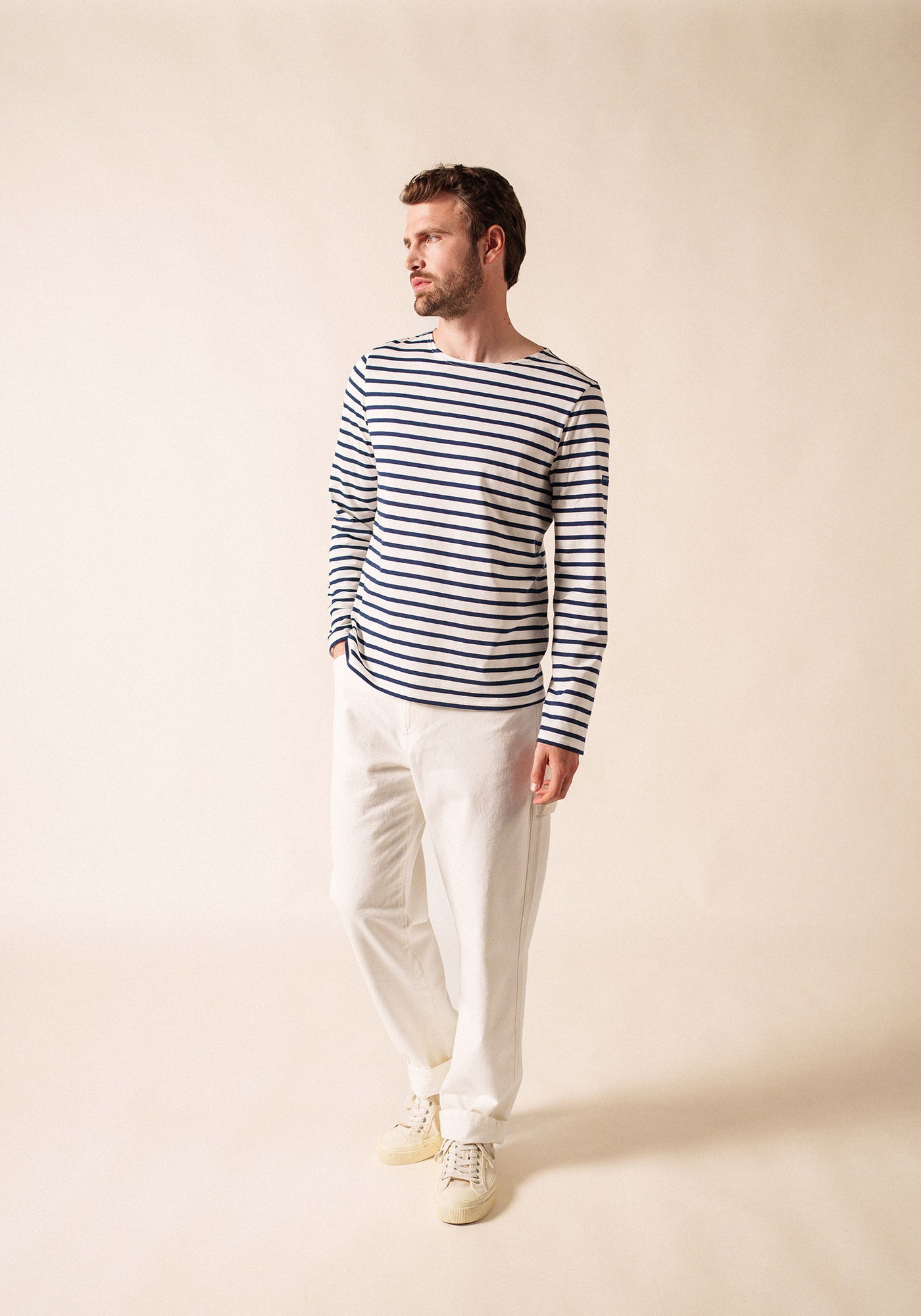 Minquiers Modern Breton Shirt (WHITE / NAVY)