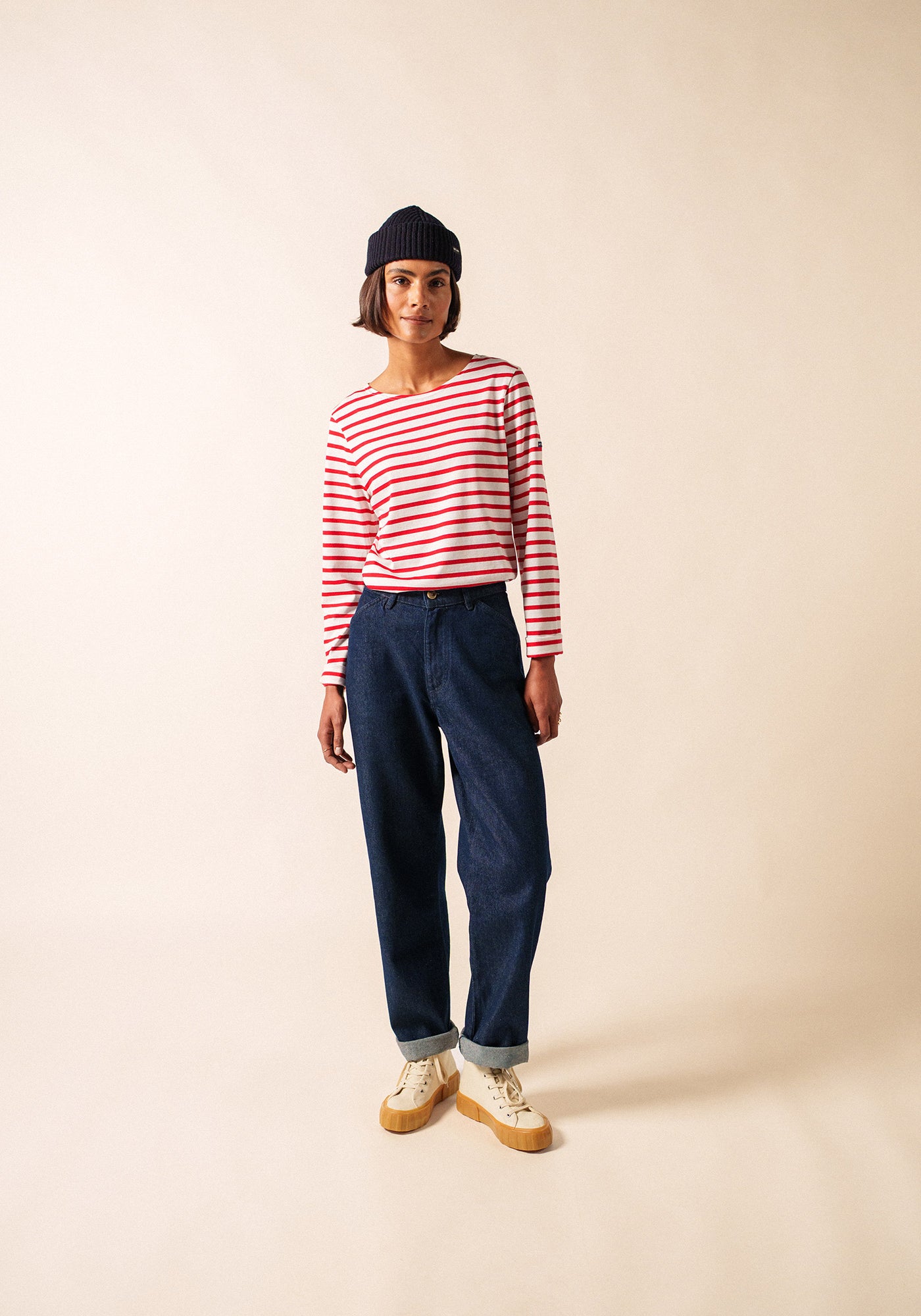 Minquiers Modern Breton Shirt (WHITE / RED)