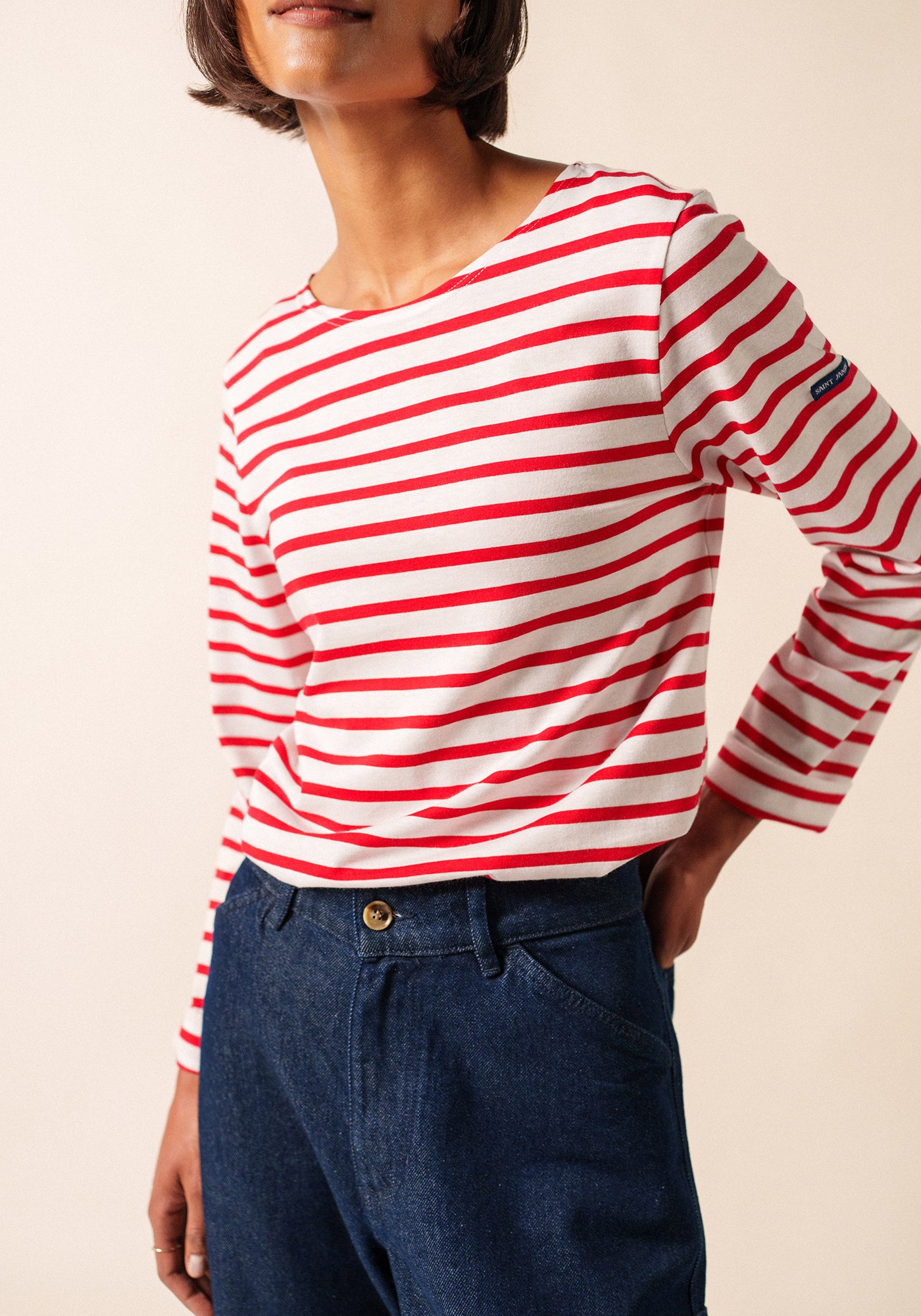 Minquiers Modern Breton Shirt (WHITE / RED)