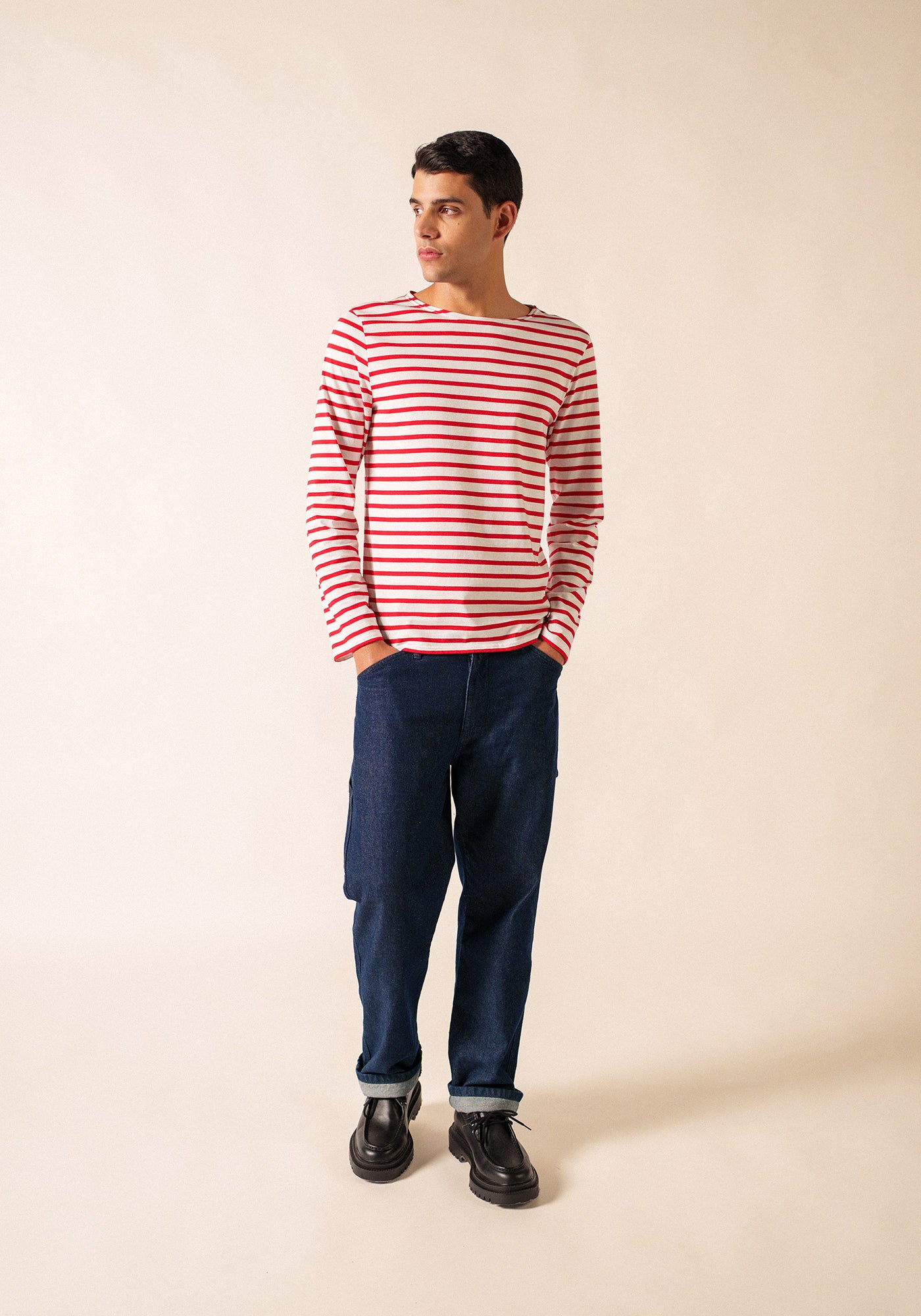 Minquiers Modern Breton Shirt (WHITE / RED)