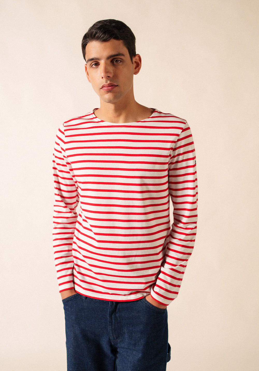 Minquiers Modern Breton Shirt (WHITE / RED)