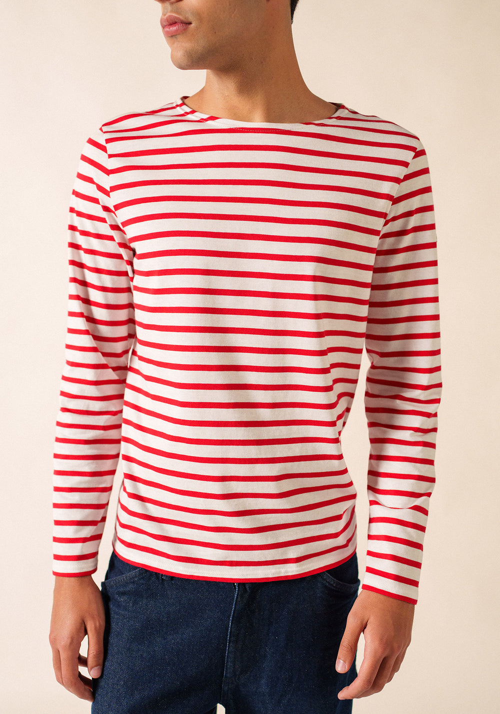 Minquiers Modern Breton Shirt (WHITE / RED)