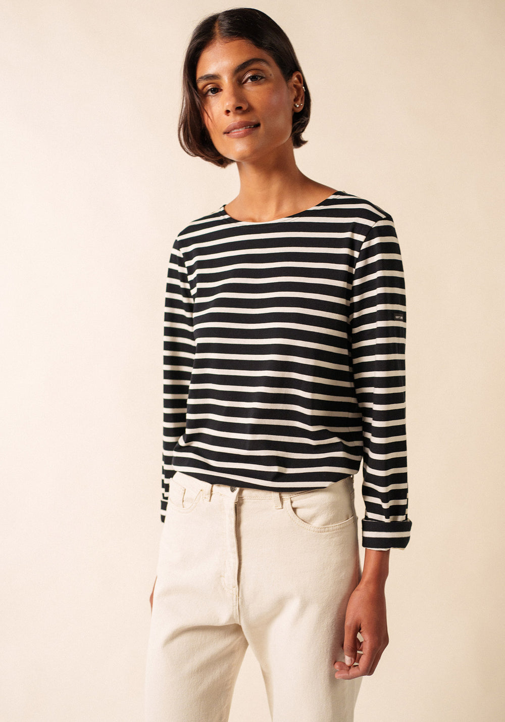 Minquiers Modern Breton Shirt (BLACK / ECRU)