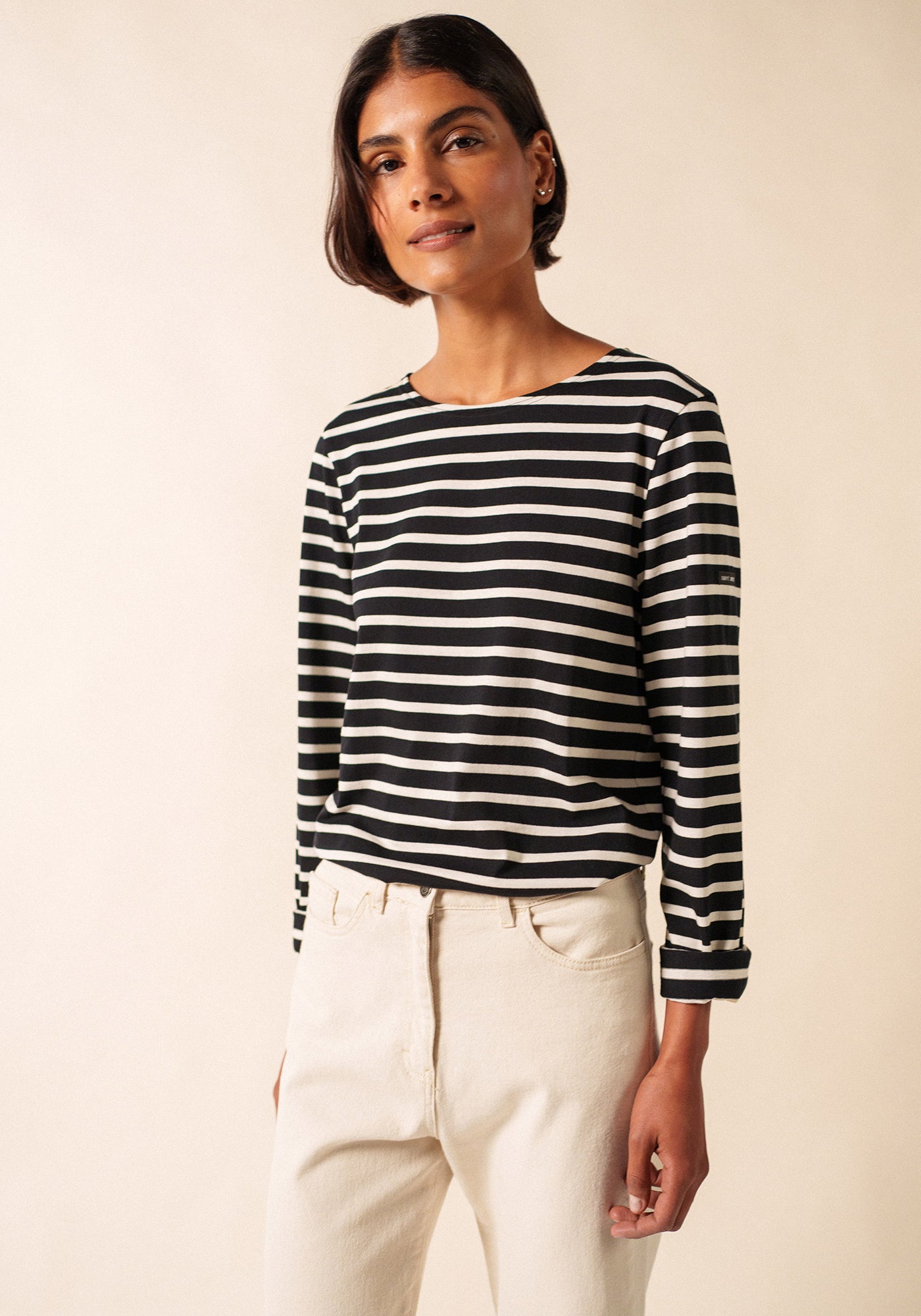 Minquiers Modern Breton Shirt (BLACK / ECRU)