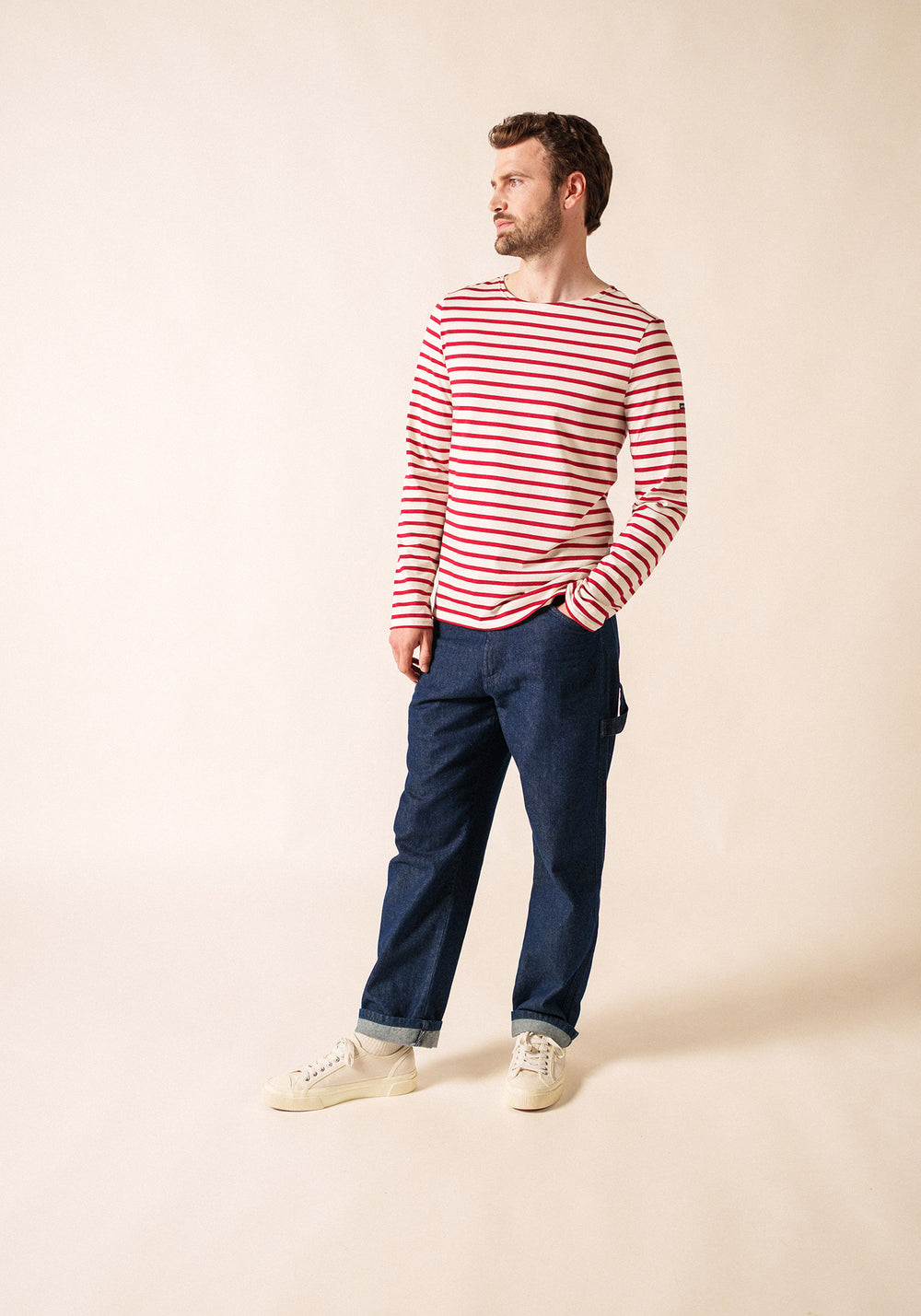 Minquiers Modern Breton Shirt (ECRU / MAROON)