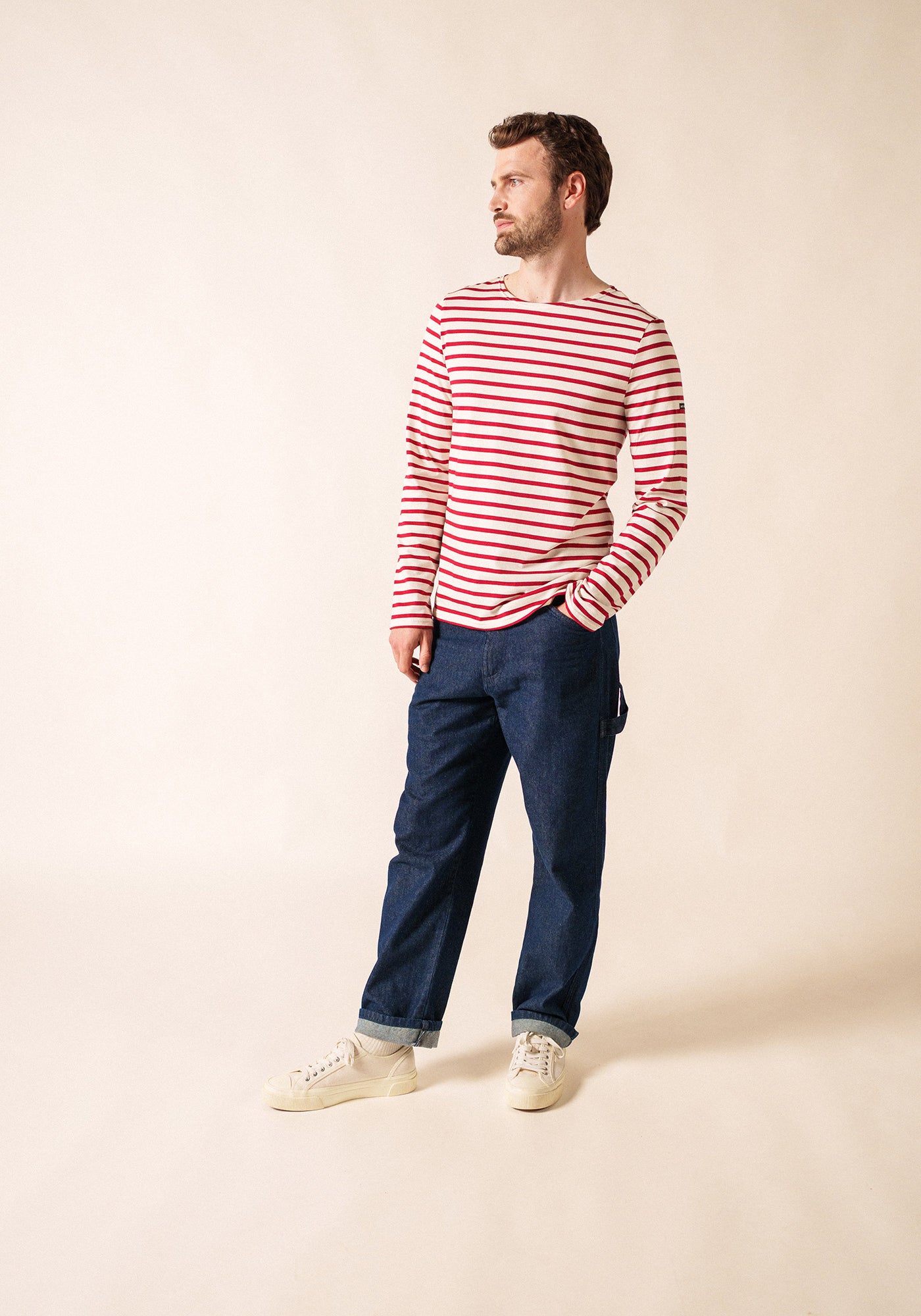Minquiers Modern Breton Shirt (ECRU / MAROON)