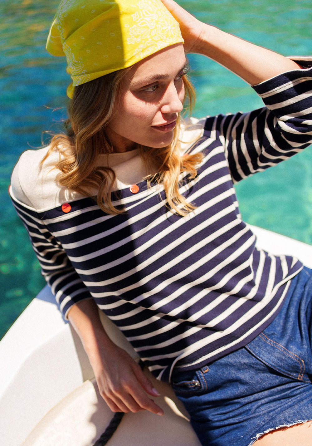 AMARRES - 3/4 Sleeve Breton Striped Shirt with Contrasting Yoke and Decorative Buttons by Isabelle Ballu