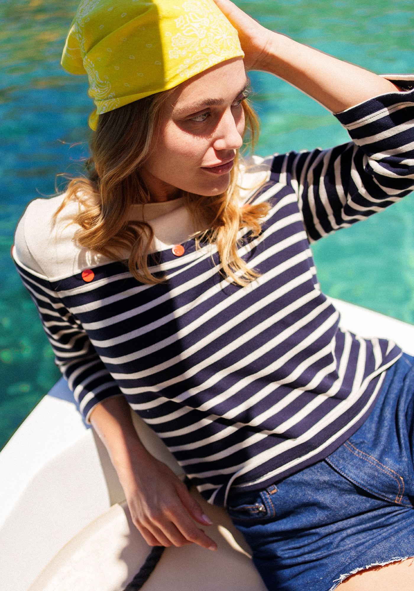AMARRES - 3/4 Sleeve Breton Striped Shirt with Contrasting Yoke and Decorative Buttons by Isabelle Ballu