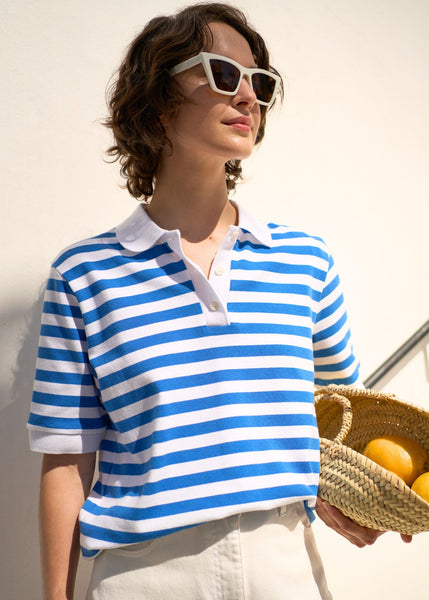 CAROLA - Striped Cotton Polo Shirt (WHITE / MER BLUE) – Saint