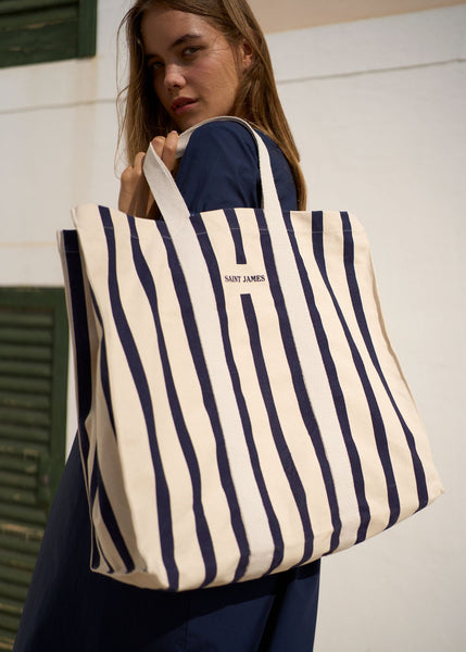 LE GRAND TOTE Oversized Striped Tote Bag (ECRU / NAVY) • Saint