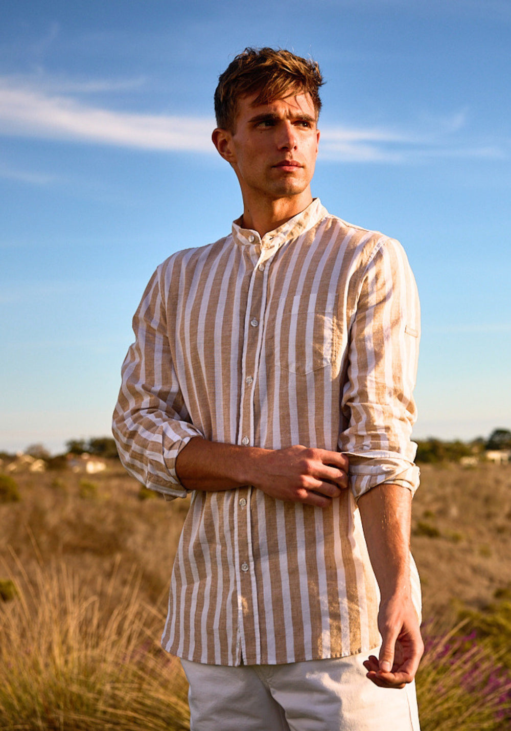 LIAM Striped Linen & Cotton Shirt (WHITE / BEIGE)