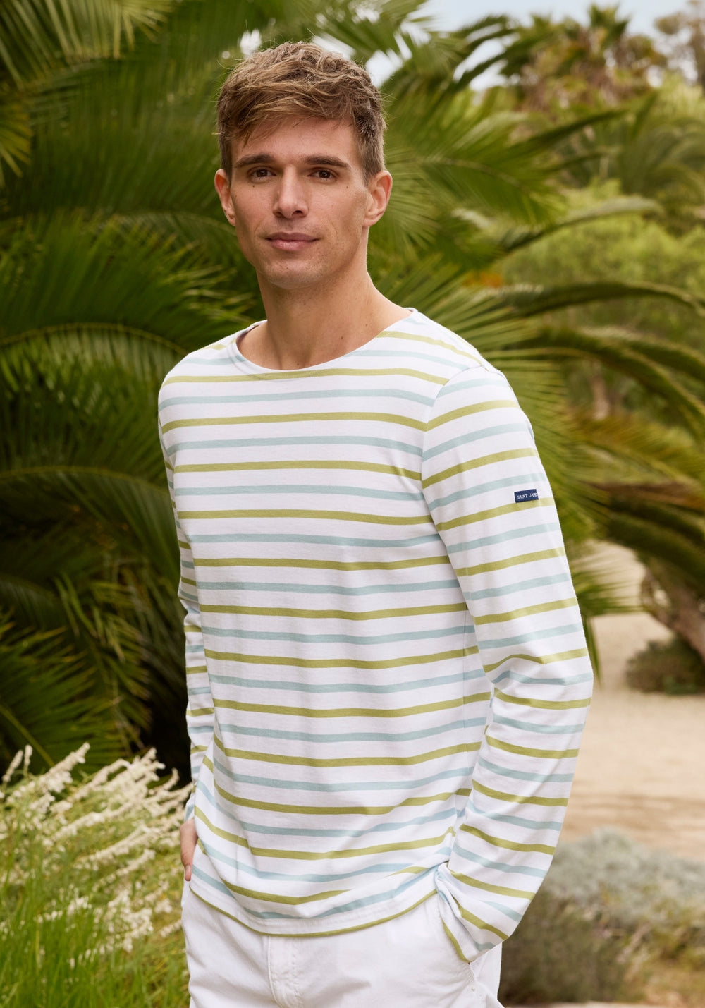 Minquiers Modern Tri-Color Breton Shirt (WHITE / SKYLIGHT BLUE / SAGE OLIVE)