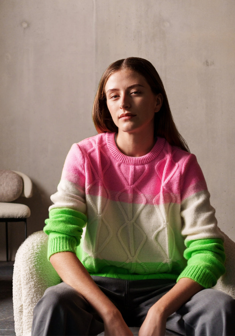 Morzine Colorblock Sweater (NEON GREEN / WINTER WHITE / BRIGHT PINK)