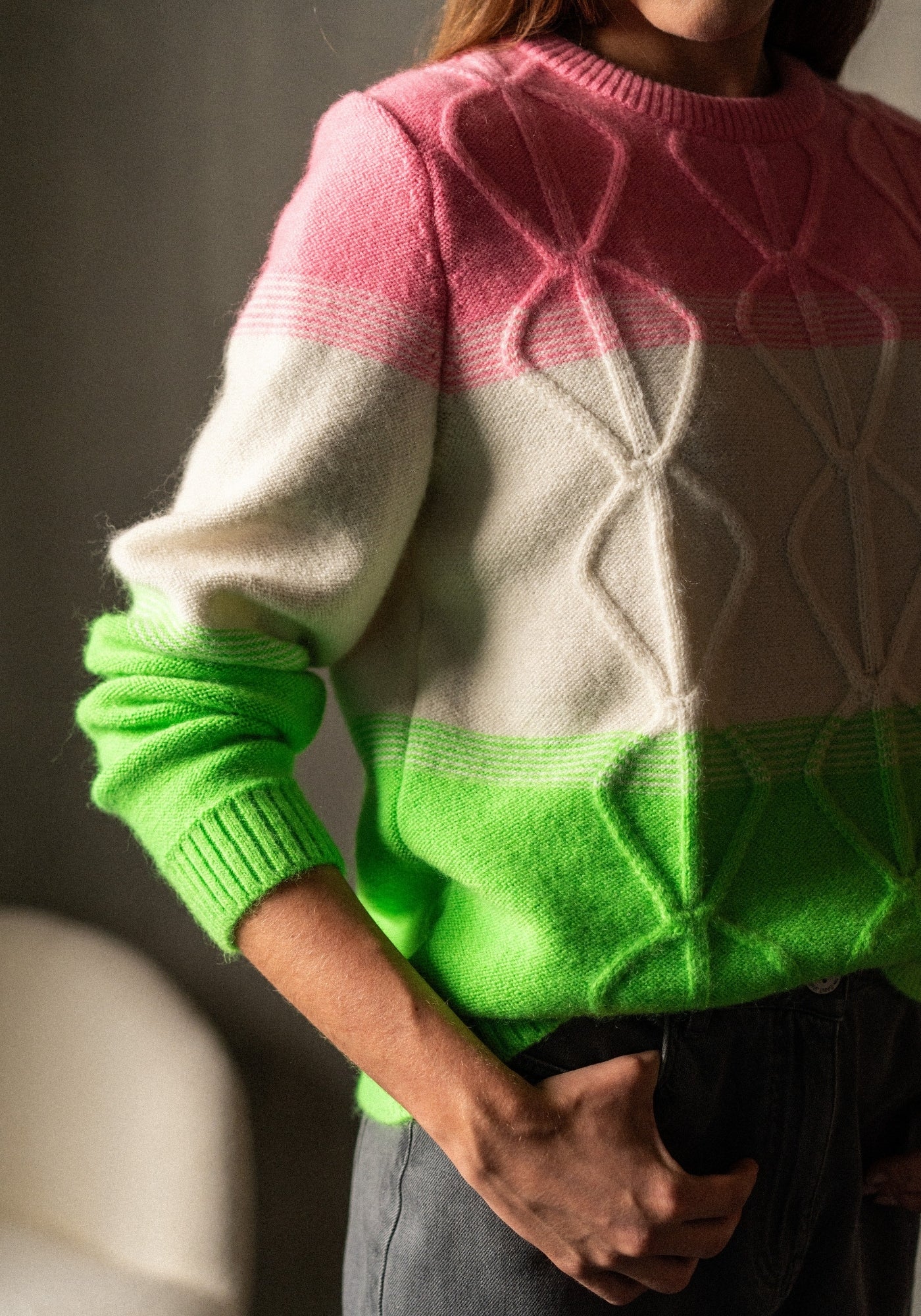 Morzine Colorblock Sweater (NEON GREEN / WINTER WHITE / BRIGHT PINK)
