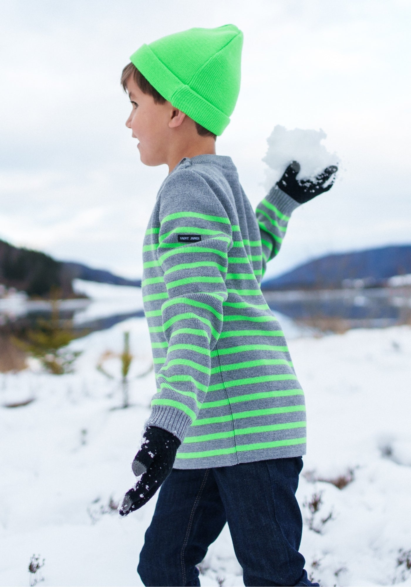 Moussaillon Kids Striped Sailor Sweater (GRAY / NEON GREEN)