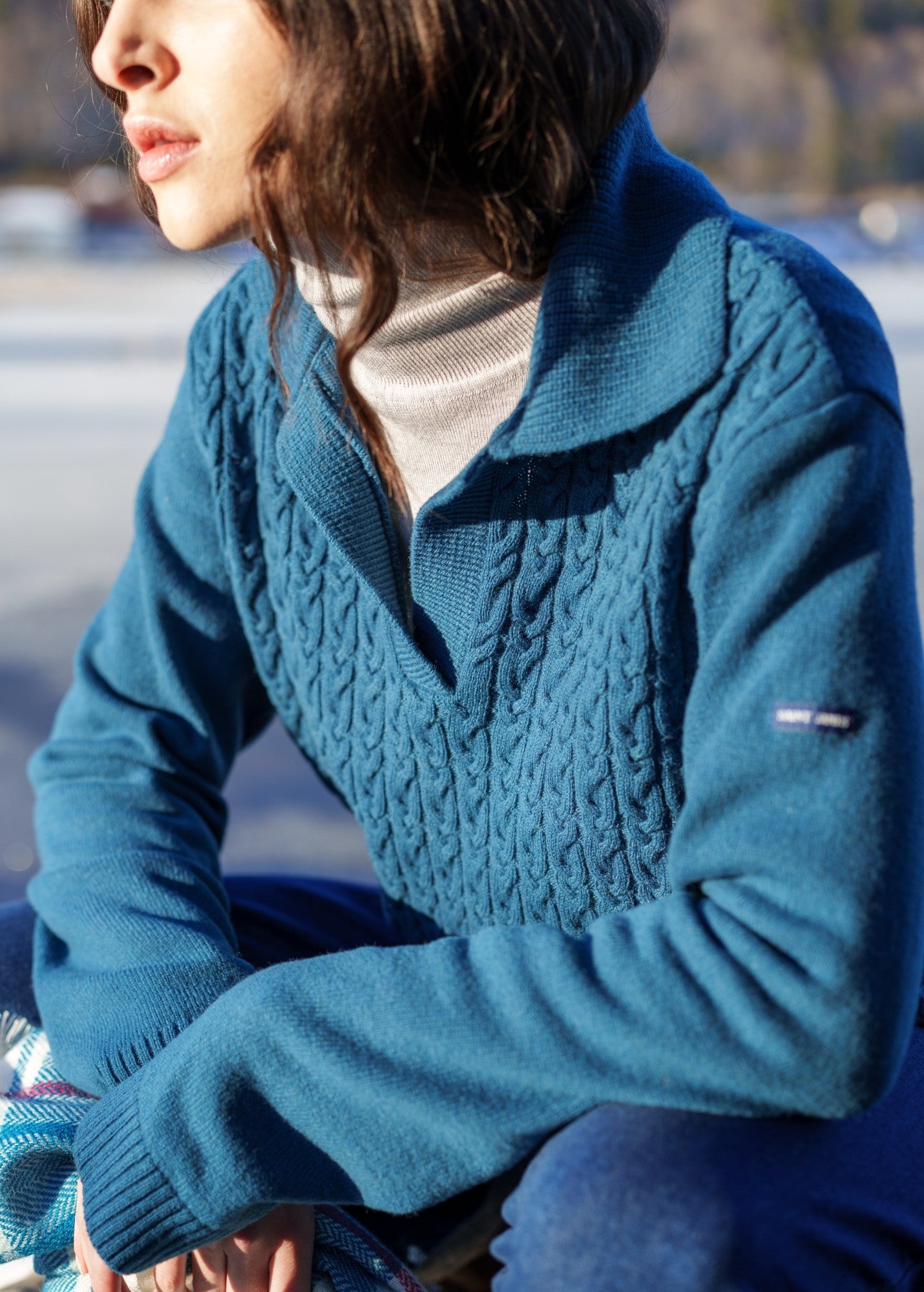 Women's V-Neck Wool Sweater | Cable Knit Detail | Teal | Saint