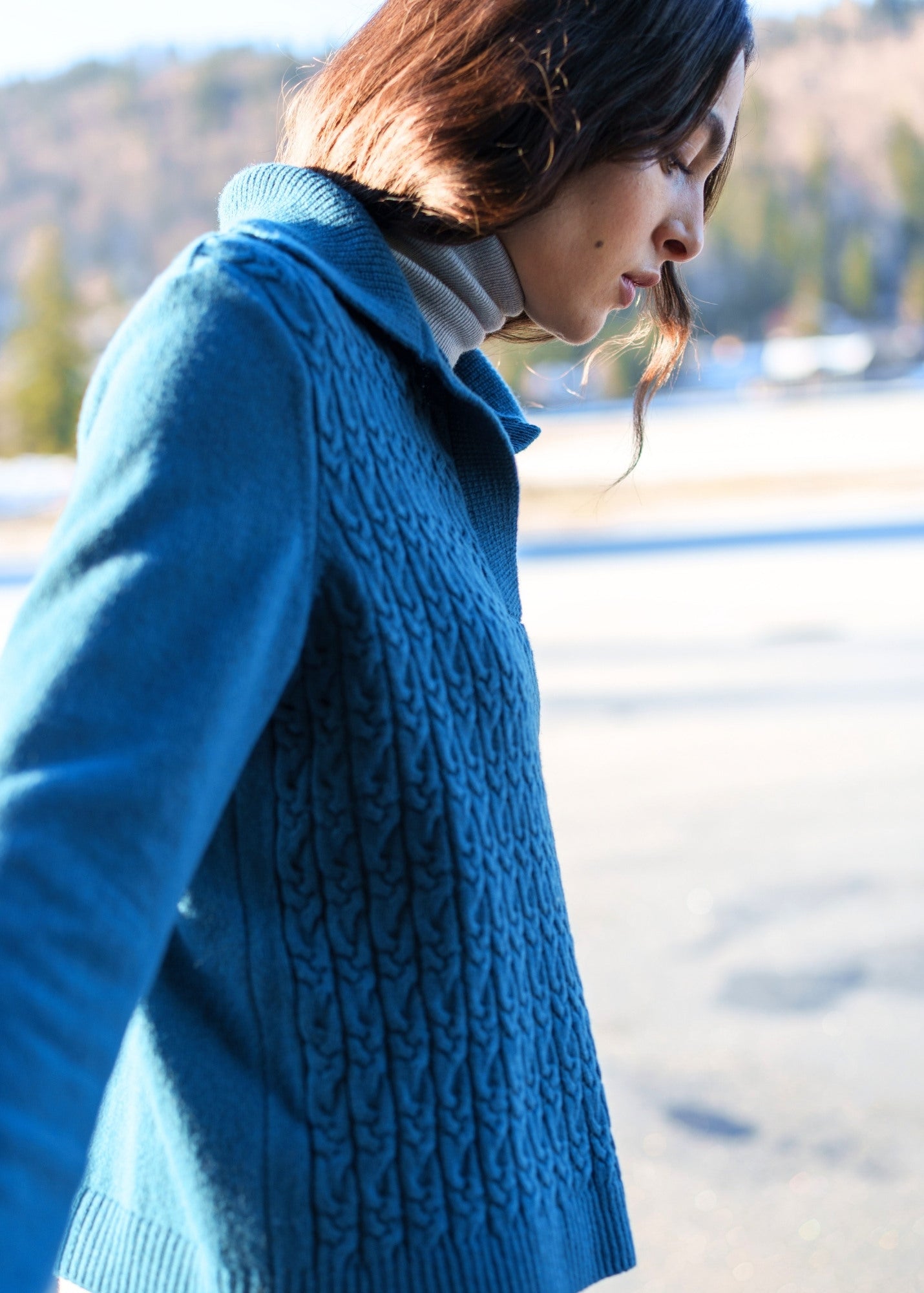 Women's V-Neck Wool Sweater | Cable Knit Detail | Teal | Saint