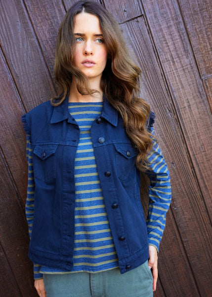Women's Navy Fringed Denim Vest | Saint James® • Saint James USA