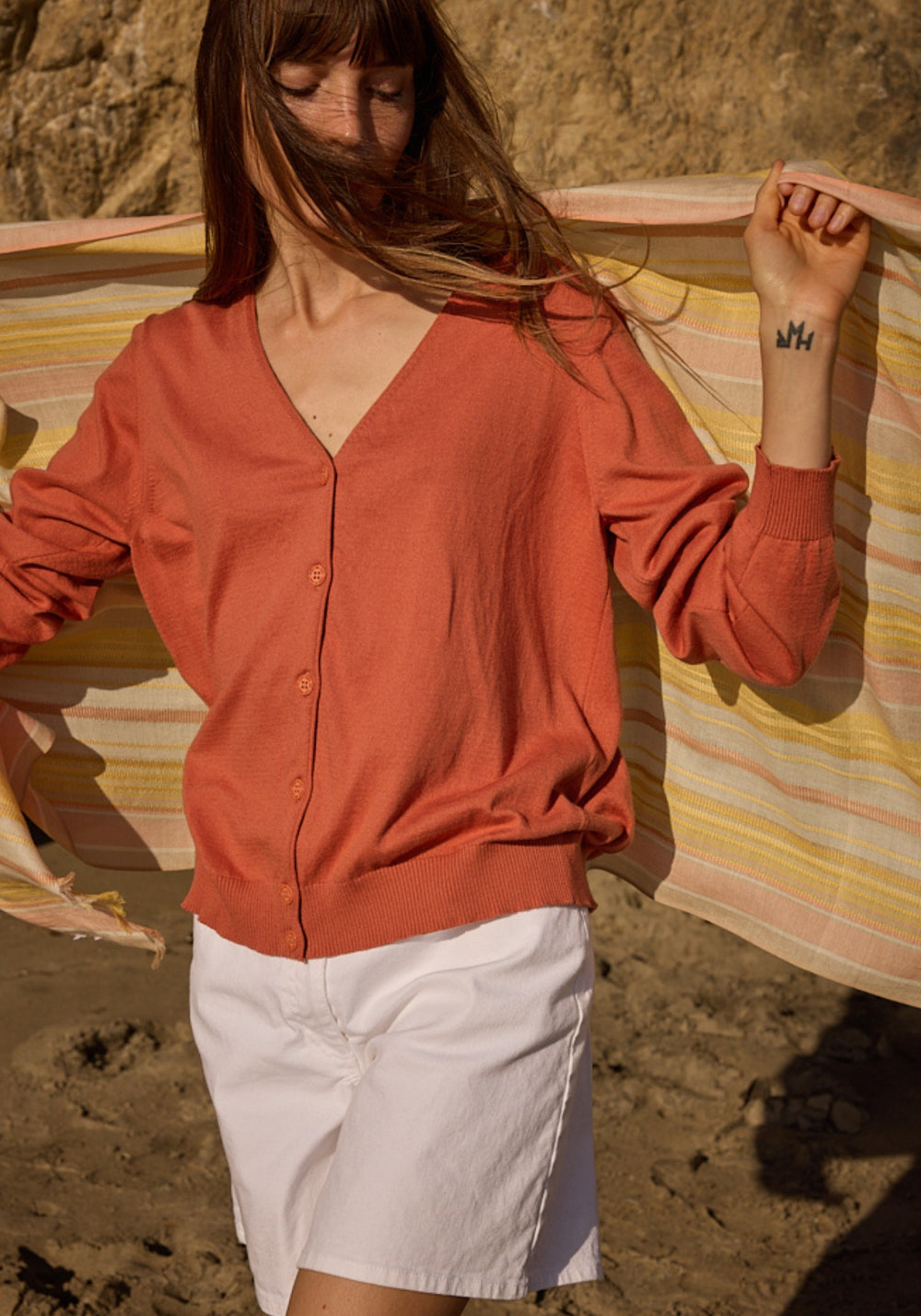 TAVIRA Cotton & Cashmere V-Neck Cardigan (CLAY)