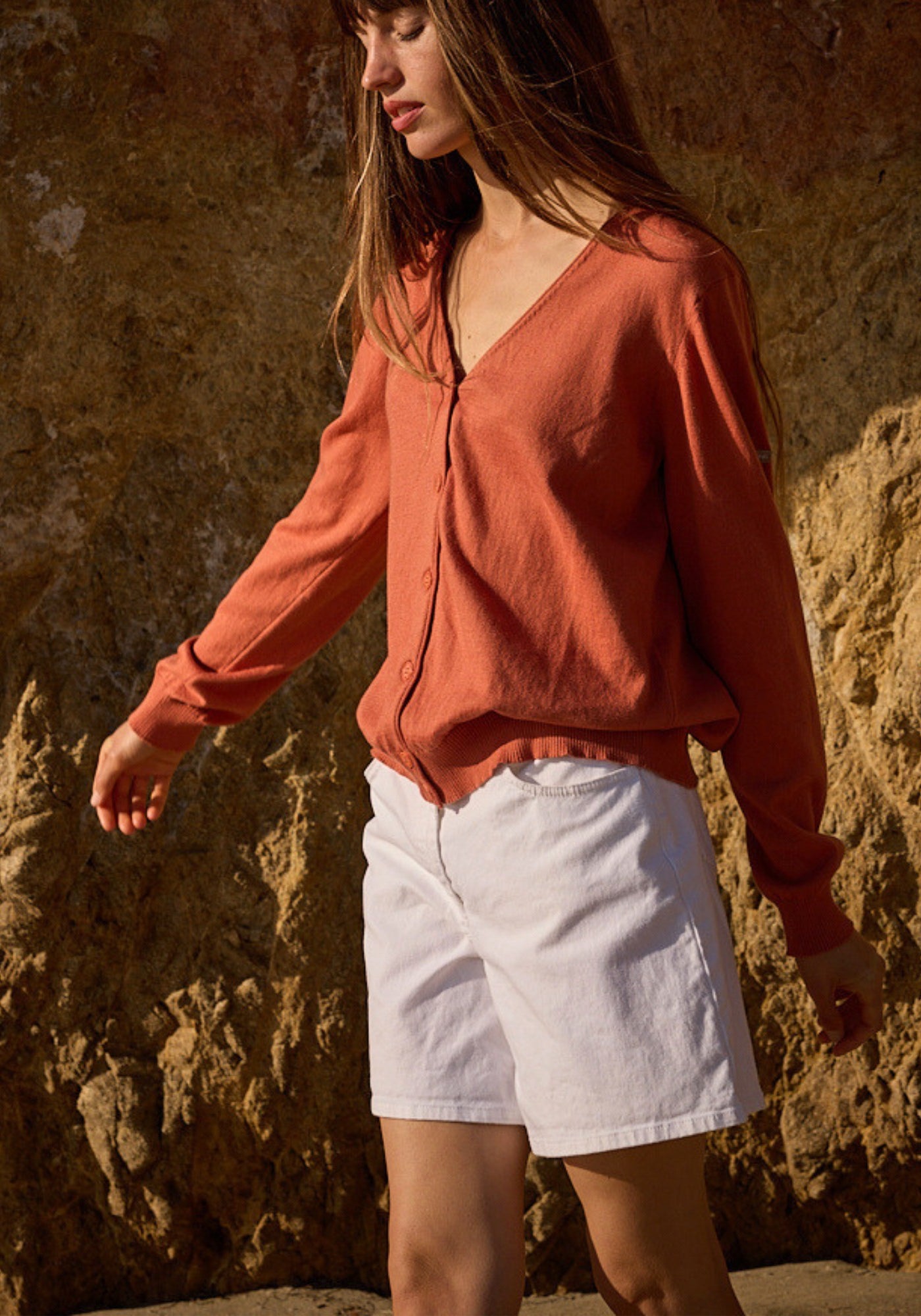 TAVIRA Cotton & Cashmere V-Neck Cardigan (CLAY)