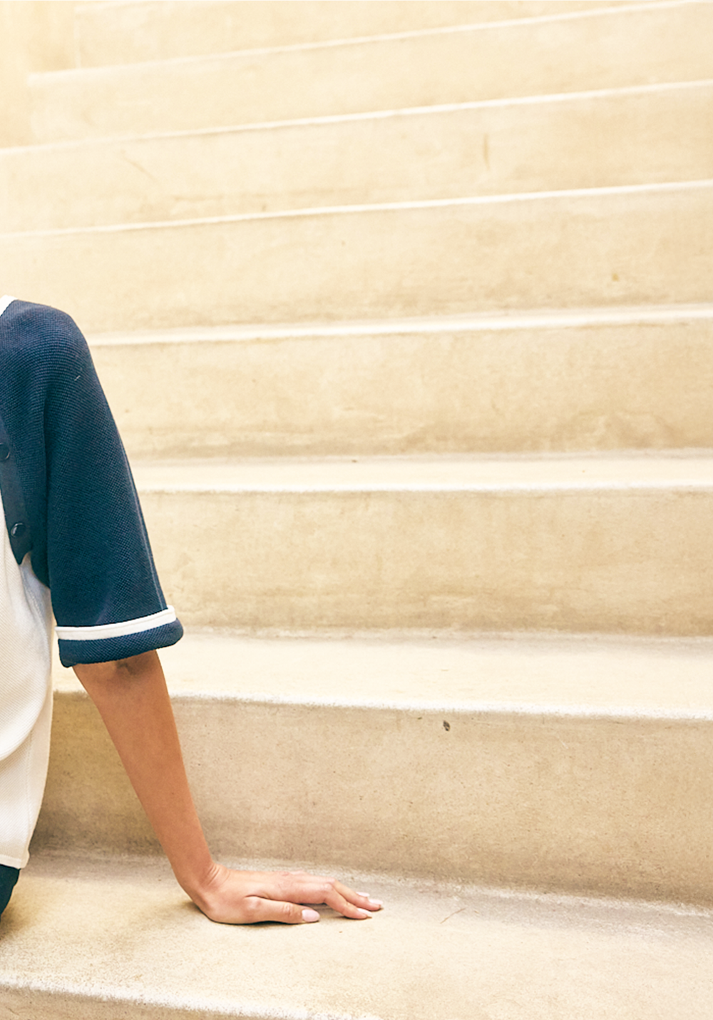 TRAVERSEE - Fancy Knit Cotton T-Shirt by Isabelle Ballu | 100% Cotton (IVORY / NAVY)