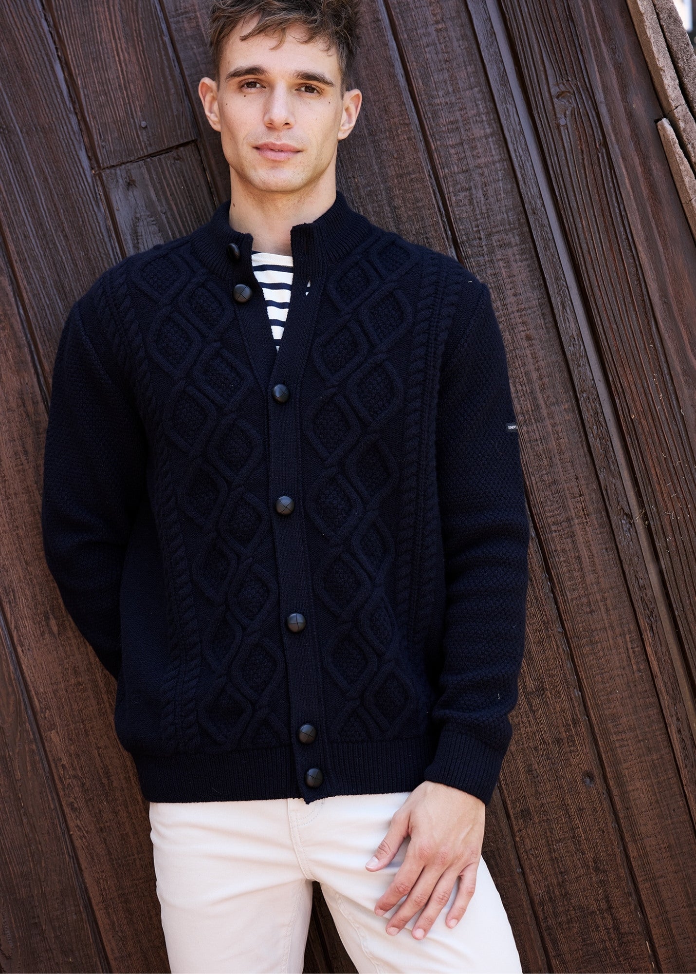 Diamond Cable Knit Wool Cardigan | Leather Buttons | Saint James