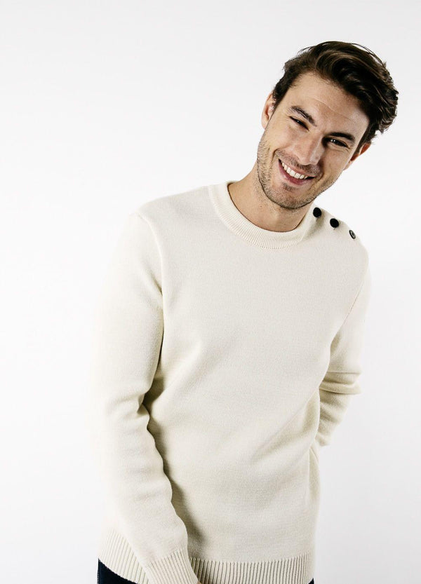 Button Shoulder Wool Fisherman Sweater for Men | Loose Fit (ECRU 