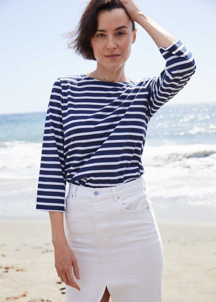 GALATHEE II - Breton Striped Top with ¾ Sleeve | Soft Cotton | Women Fit  (NAVY / WHITE)